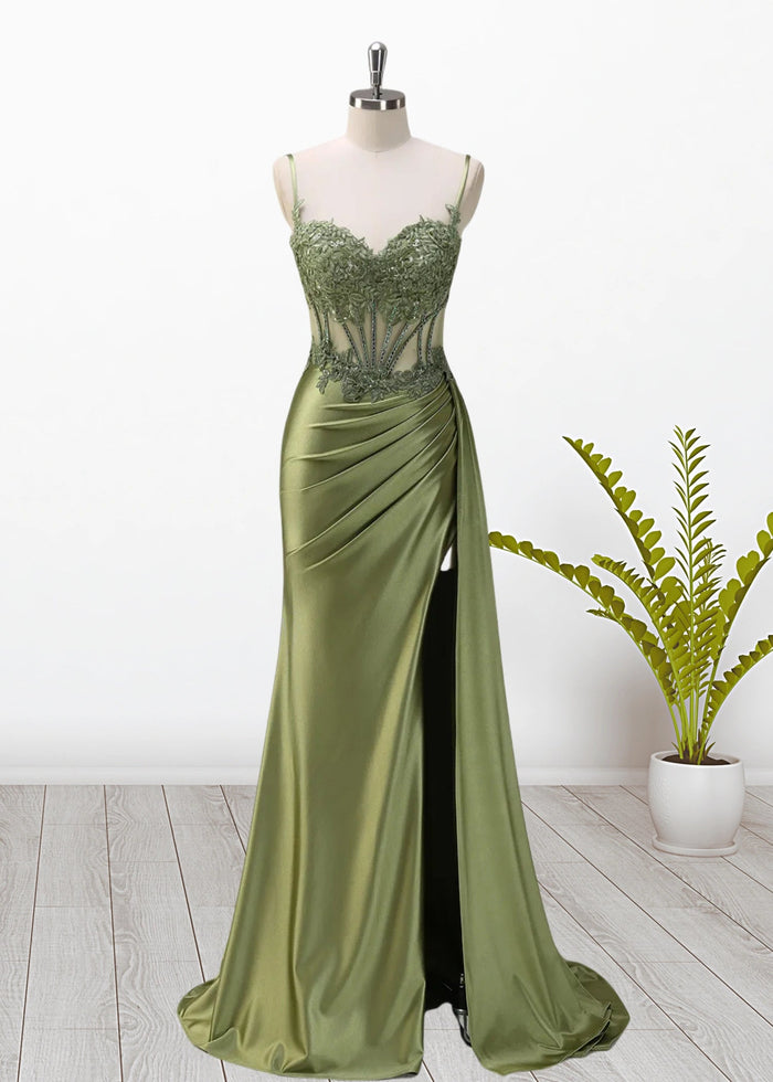 Paula | Silver Emerald Green Mermaid Corset Pleated Satin Formal Dress with Train - Sage - PromDressClub