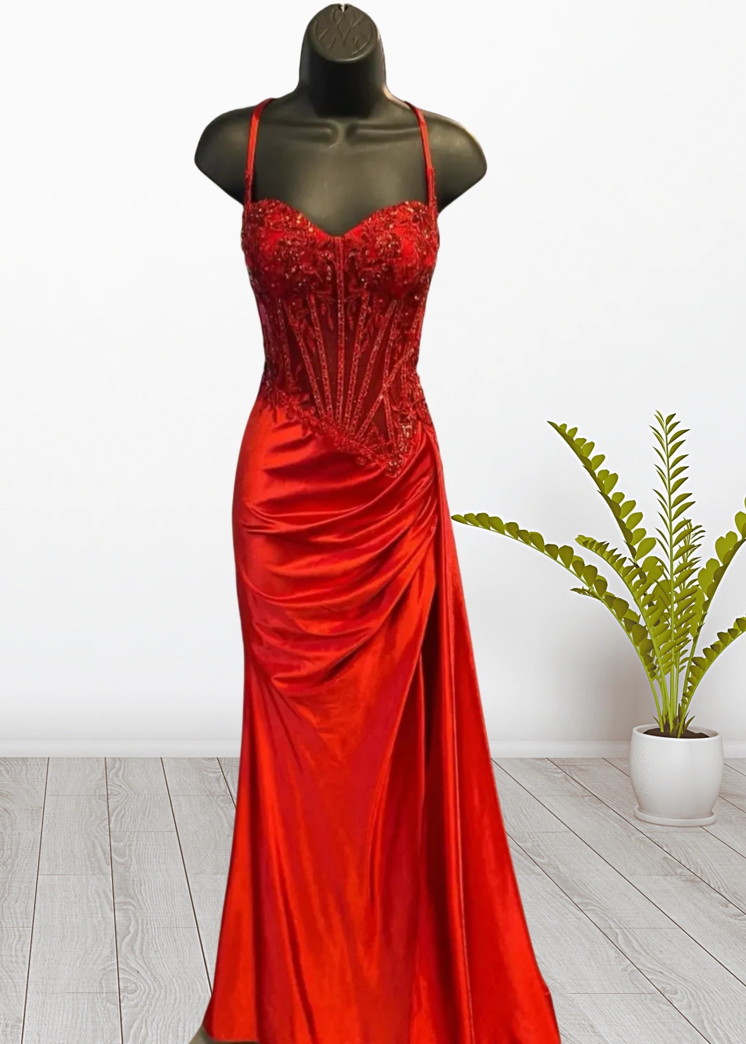 Mermaid Silver Spaghetti Straps Corset Long Prom Dress with Appliques - Red - US0 - PromDressClub