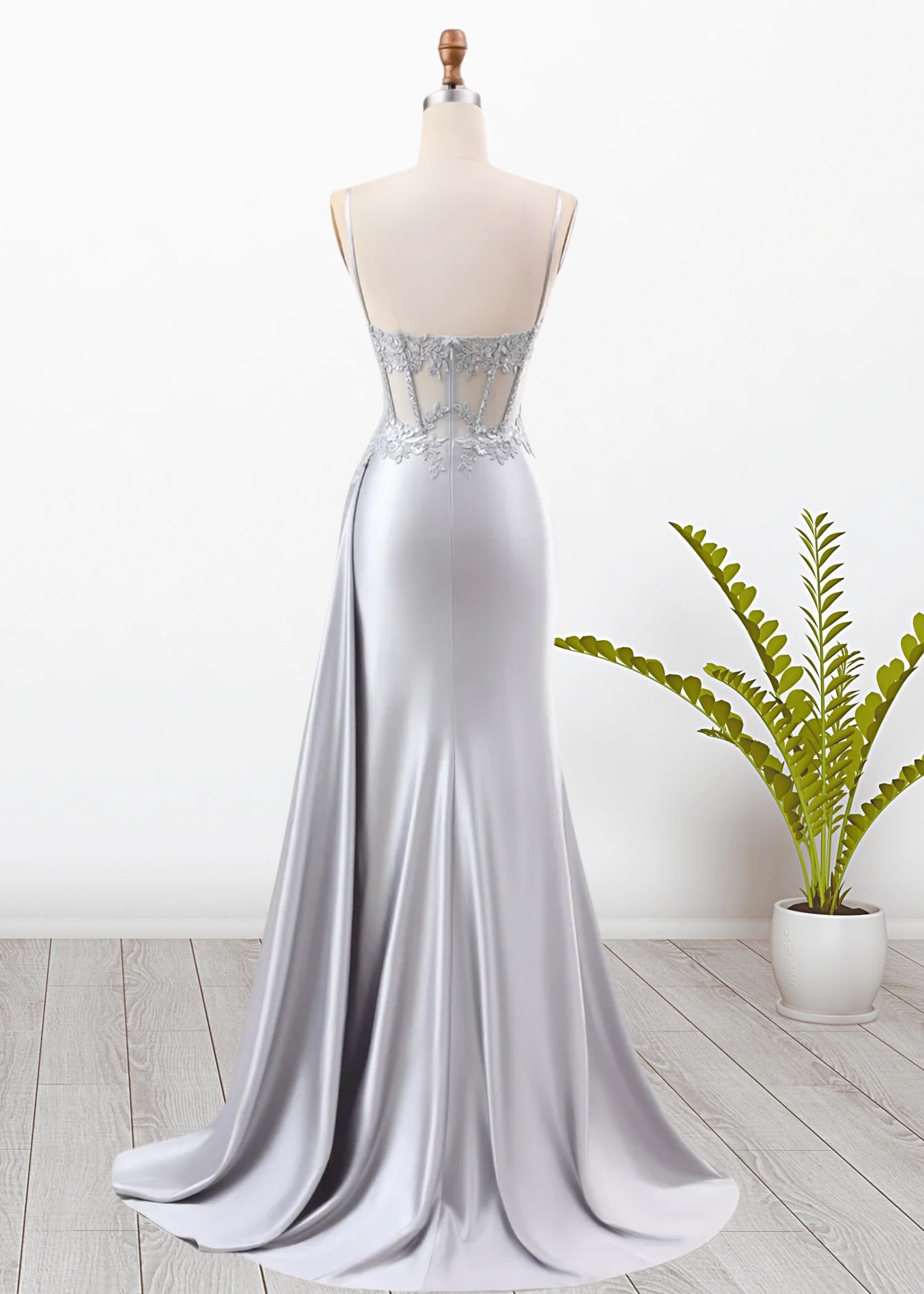 Mermaid Silver Spaghetti Straps Corset Long Prom Dress with Appliques - Silver - US0 - PromDressClub