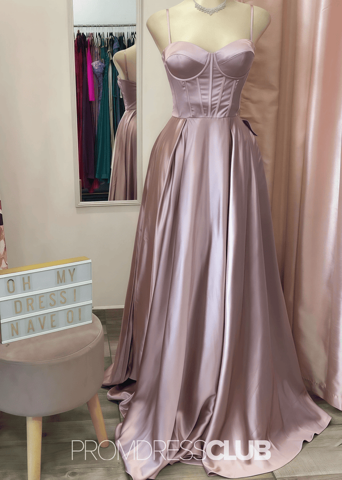 Meroy | A Line Navy Blue Satin Maxi Prom Dress Stores Near Me - Price #price_variant_lowest# - RosyBrown - PromDressClub