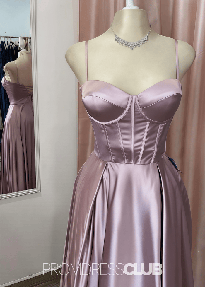 Meroy | A Line Navy Blue Satin Maxi Prom Dress Stores Near Me - Price #price_variant_lowest# - RosyBrown - PromDressClub