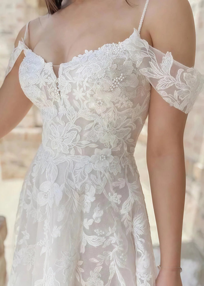 Michaelia | Stunning A Line Cold Shoulder Lace Wedding Dress with Lace Appliques - White - PromDressClub
