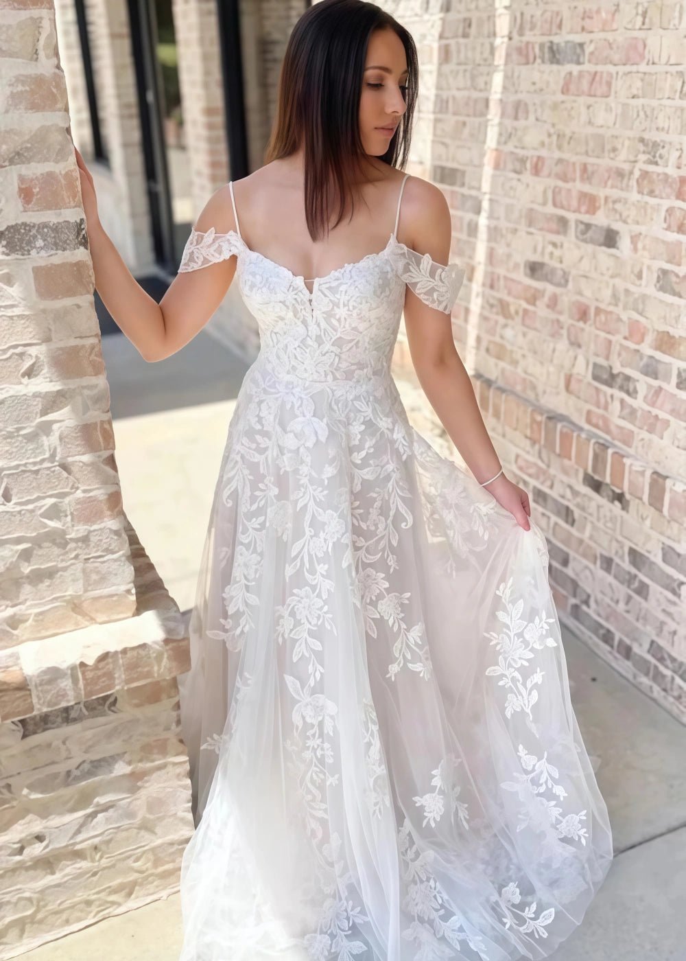 Michaelia | Stunning A Line Cold Shoulder Lace Wedding Dress with Lace Appliques - White - PromDressClub