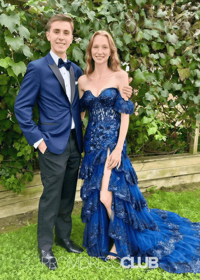 Mildred | A Line Tiered Sequin Red Long Prom Dress Stores Near Me - Price #price_variant_lowest# - Navy Blue - PromDressClub