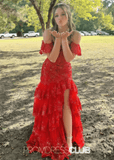 Mildred | A Line Tiered Sequin Red Long Prom Dress Stores Near Me - Red - PROMDRESS Club