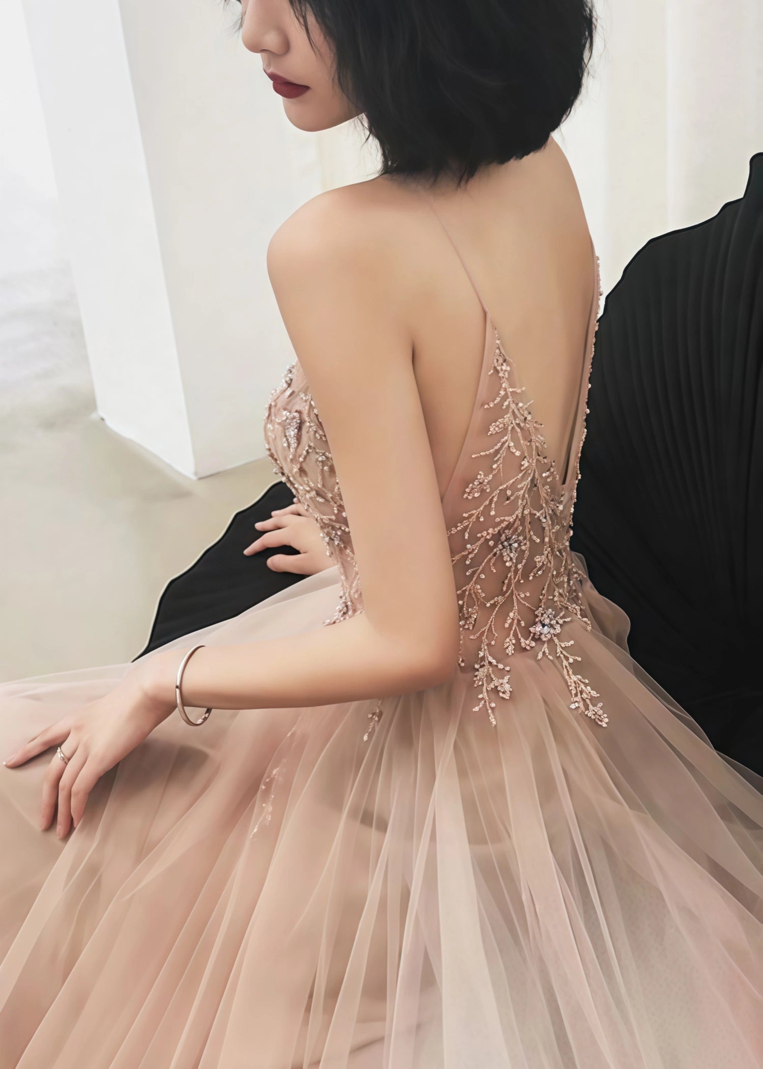 Mirabelle | A - line Spaghetti Straps Tulle Long Corset Glitter Rhinestons Rose Gold Long Prom Dress With Beaded - Gold - US0 - PromDressClub