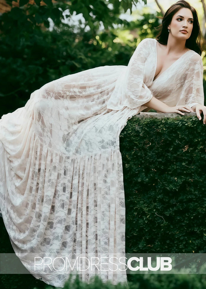 Mirabelle |White Long Wedding Dresses Near Me With A - Line Plunging Neckline Lace Open Back - Price #price_variant_lowest# - White - PromDressClub