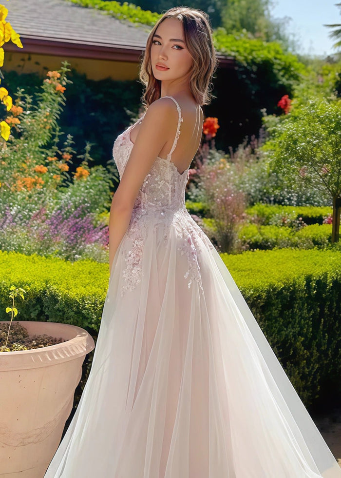 Miranda | Stunning Champagne Sweetheart Neck Corset Flower Prom Dress - Champagne Floral - PromDressClub