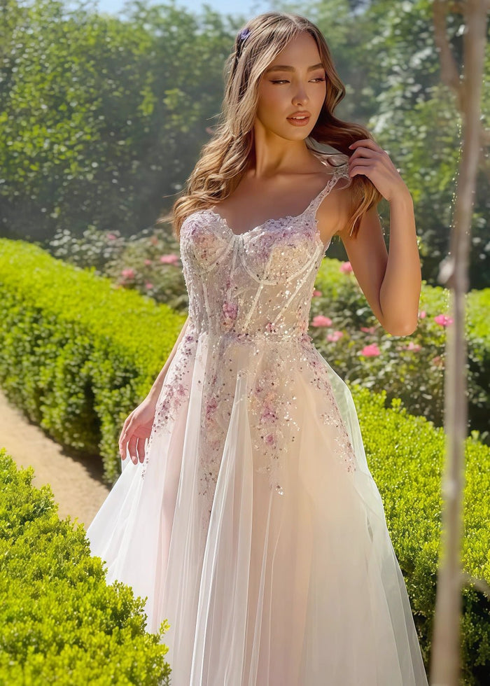 Miranda | Stunning Champagne Sweetheart Neck Corset Flower Prom Dress - Champagne Floral - PromDressClub