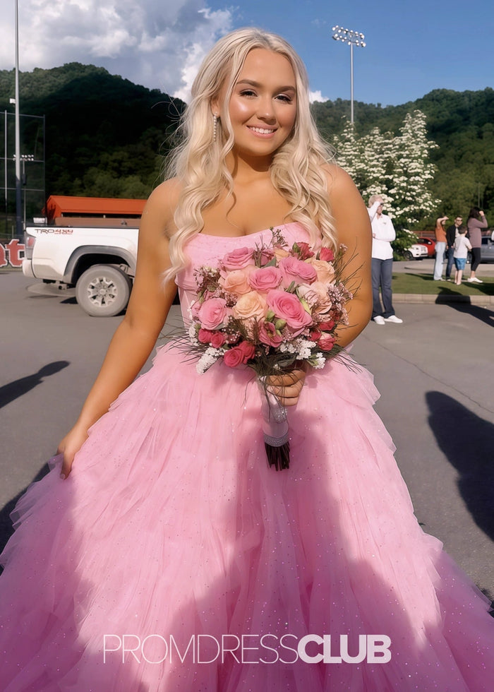 Miriam | Sparkle A Line Tiered Tulle Hot Pink Formal Dress Stores Near Me - Price #price_variant_lowest# - Pink - PromDressClub