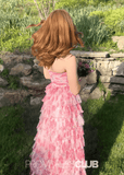 Modesty | A Line Pink Floral Print Ruffled Long Formal Dress Stores Near Me - Pink Floral - PROMDRESS Club