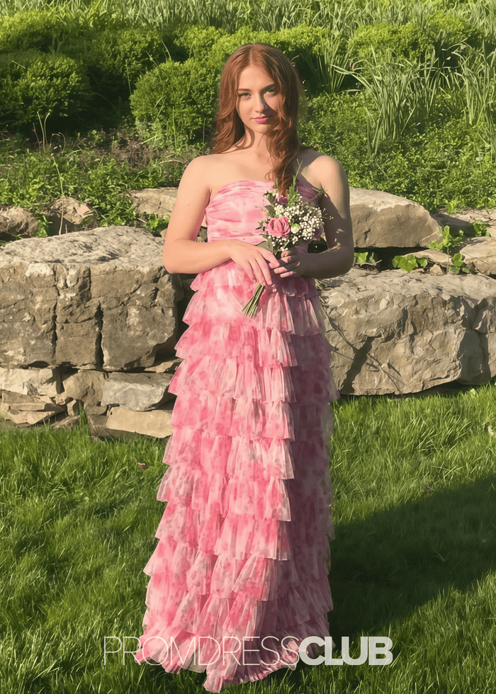 Modesty | A Line Pink Floral Print Ruffled Long Formal Dress Stores Near Me - Price #price_variant_lowest# - Pink Floral - PromDressClub