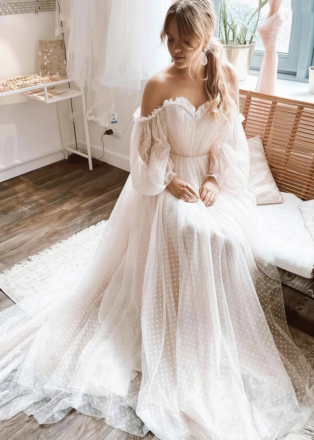 Moira | Elegant Boho Off the Shoulder Polka Dot Tulle Drop Waist A Line Wedding Dress - White - PromDressClub