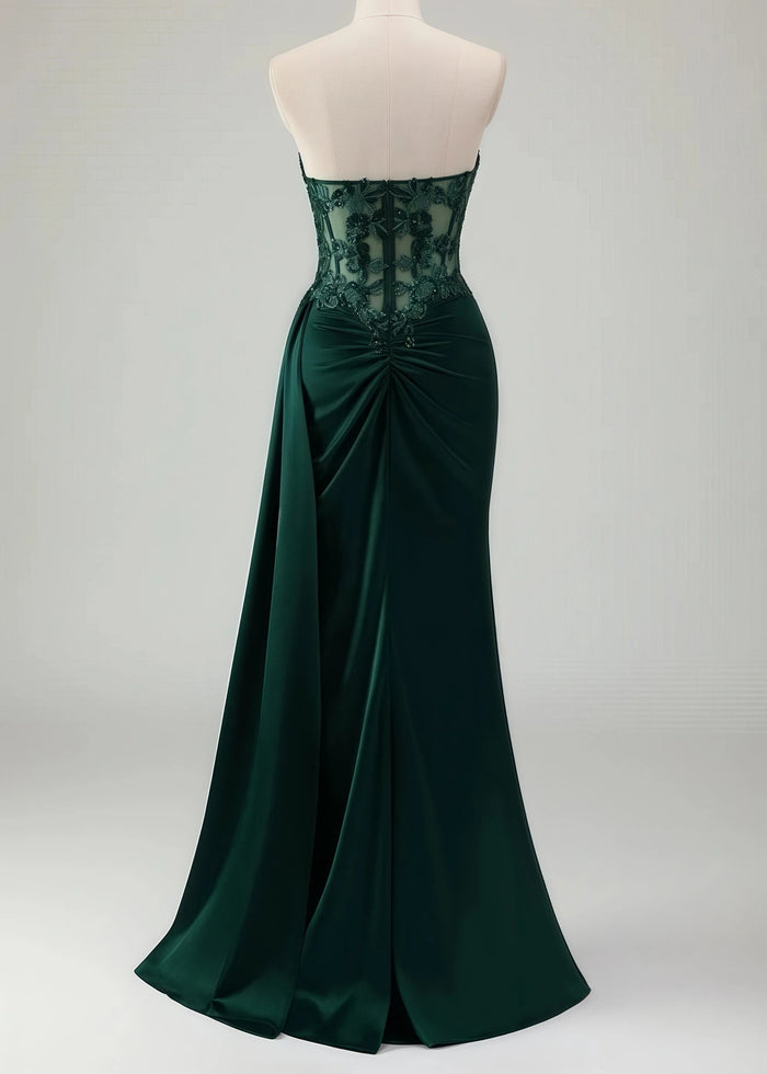 Molly | Mermaid Sweetheart Satin Corset Long Glitter Dark Green Prom Dress with Appliques - Dark Green - PromDressClub