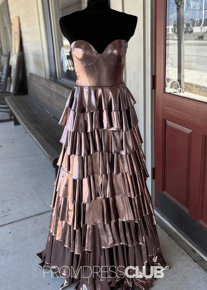 Mona | A Line Metallic Ruffle Tiered Ink Blue Long Prom Dress - Price #price_variant_lowest# - Chocolate - PromDressClub