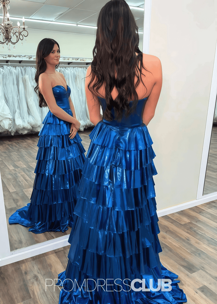 Mona | A Line Metallic Ruffle Tiered Ink Blue Long Prom Dress - Price #price_variant_lowest# - Ink Blue - PromDressClub