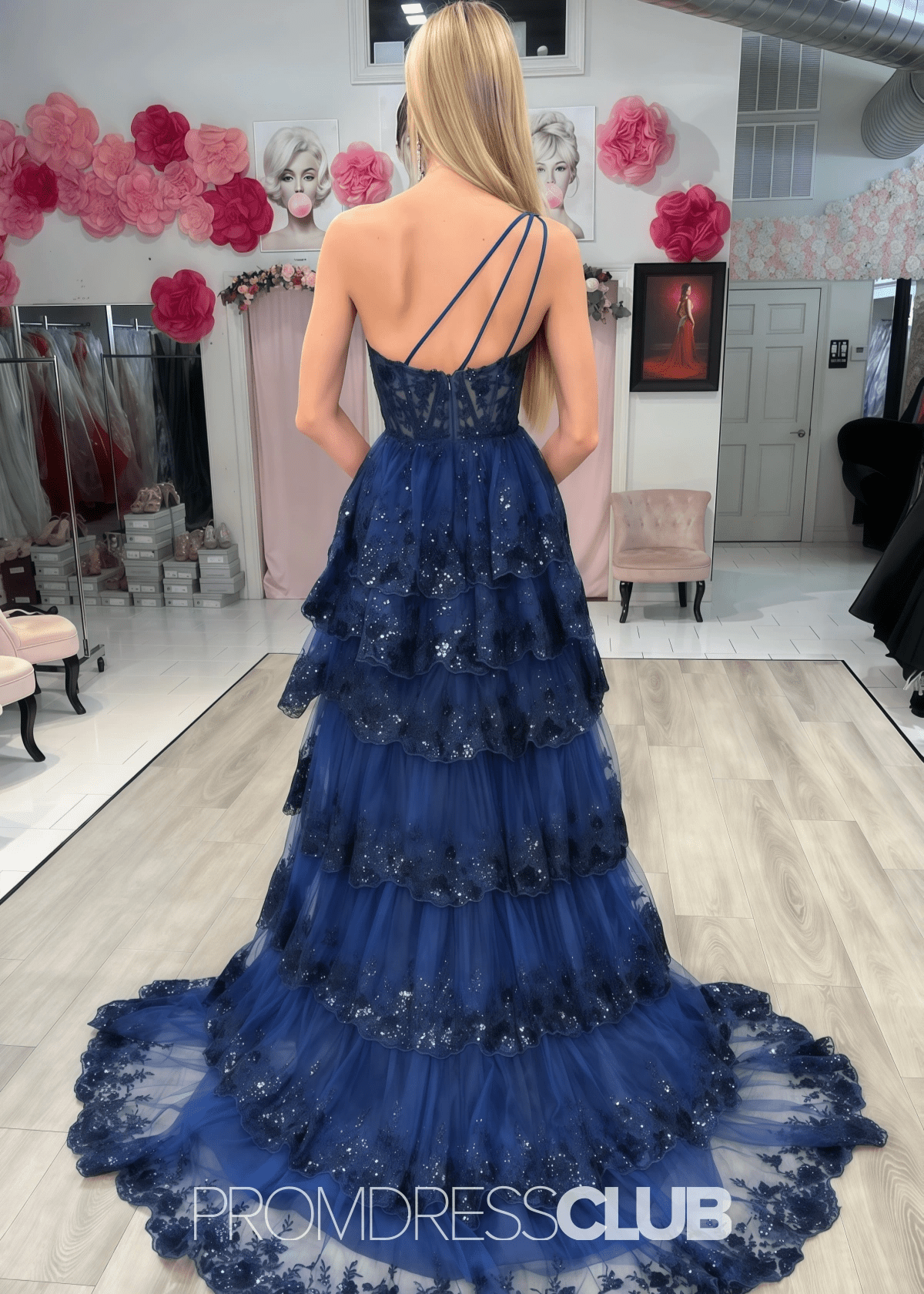 Monica | A Line Tiered Ruffle Black Tulle Sequin Long Prom Dress - Navy Blue - PROMDRESS Club