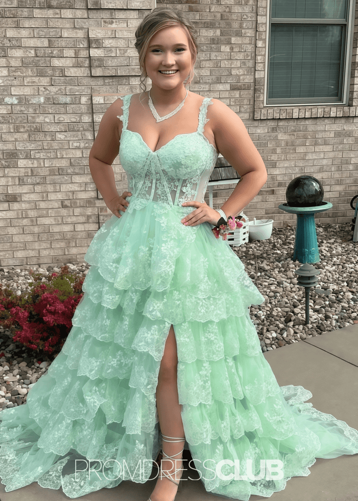 Myra | A Line Lace Appliques Light Pink Sequin Long Prom Dress - Price #price_variant_lowest# - Sage - PromDressClub