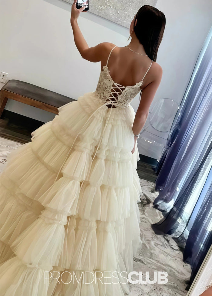 Nancy | A Line Ruffle Tiered Lavender Maxi Prom Dress - Price #price_variant_lowest# - Champagne - PromDressClub