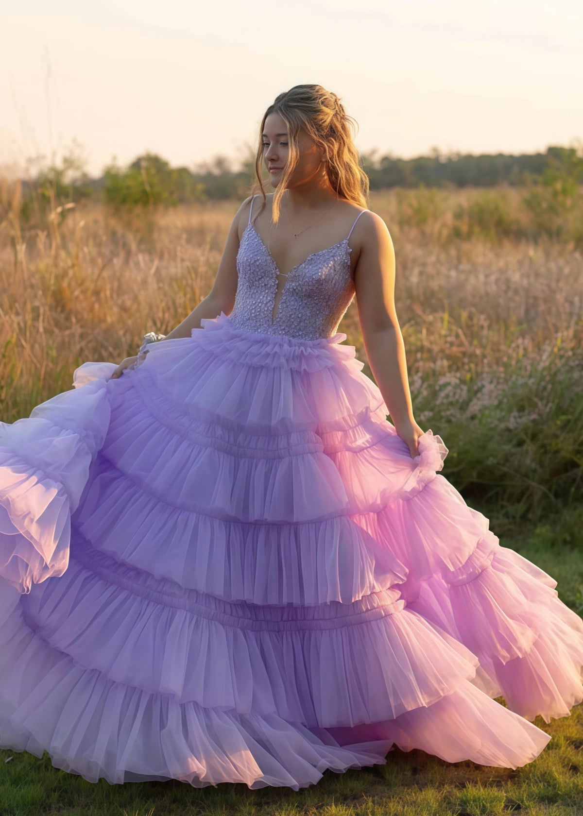 Nancy | A Line Ruffle Tiered Lavender Maxi Prom Dress - Lavender - PROMDRESS Club