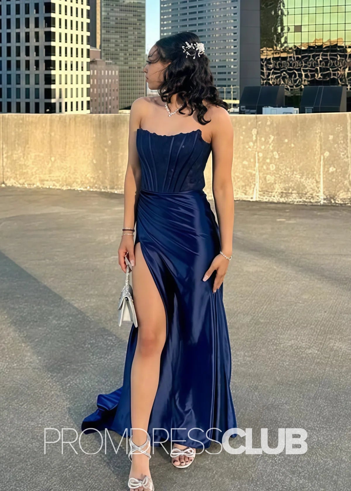 Nancy |Blue Long Prom Dresses Near Me With Mermaid Strapless High Slit - Blue - US0 - PromDressClub