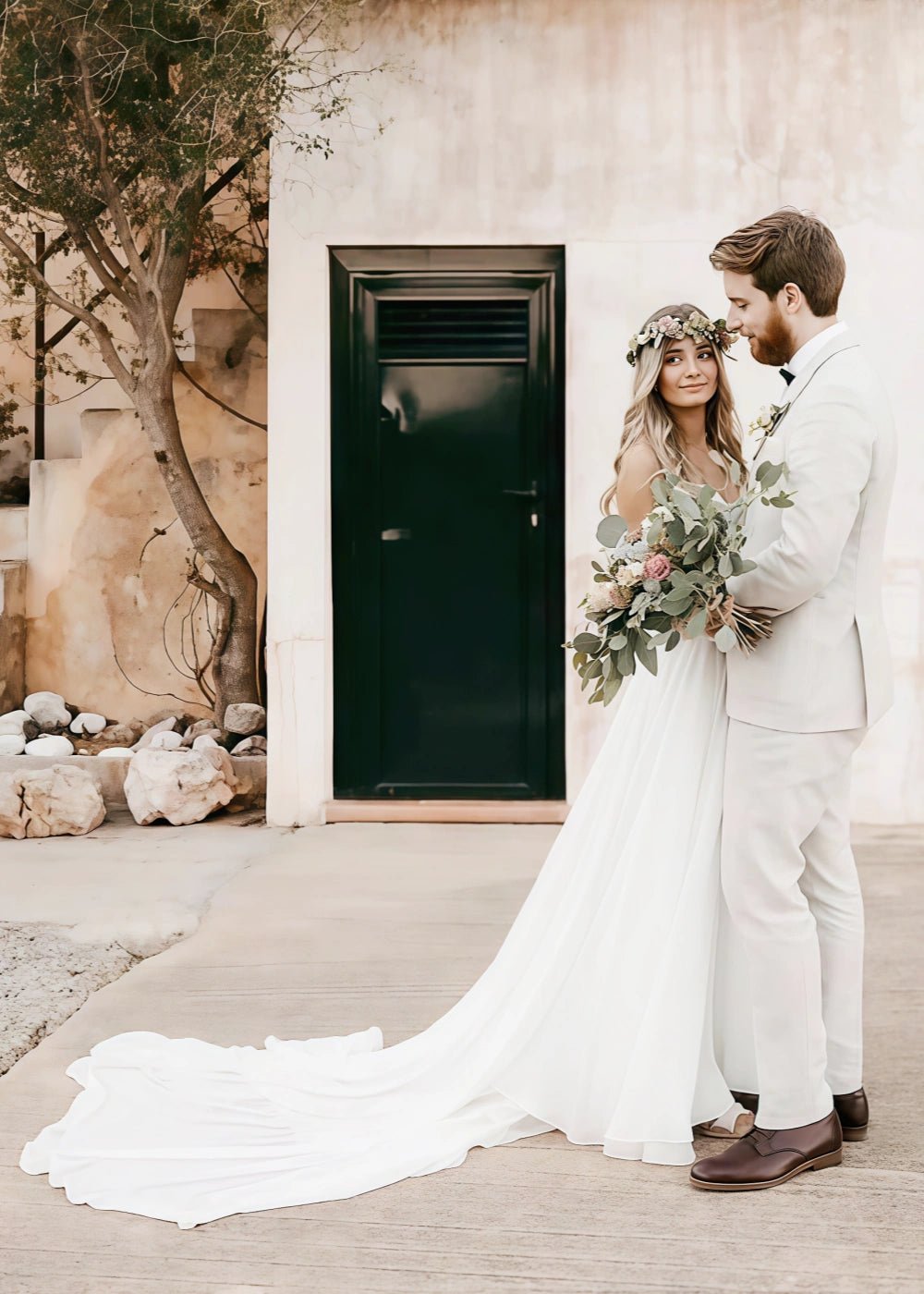 Natalie | Boho Chic Spaghetti Strap V Neck Lace and Chiffon Wedding Dress with Long Train - Ivory - PromDressClub