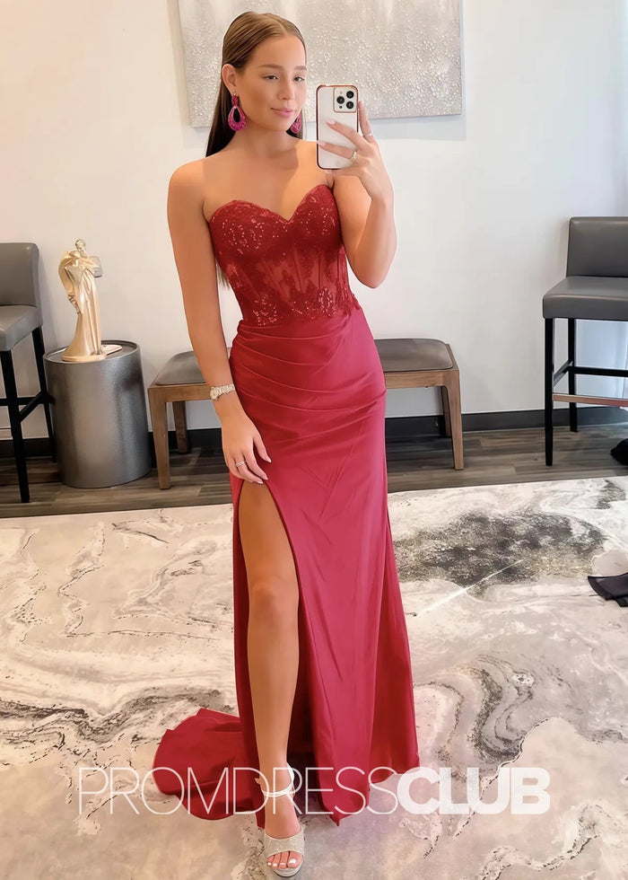 Natalie |Long Fuchsia Prom Dresses Near Me With Mermaid Sweetheart Slit - Price #price_variant_lowest# - Red - PromDressClub