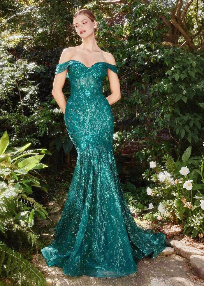 Natalie | Stunning Black Sequin Off the Shoulder Mermaid Corset Prom Dress - Emerald Green - PromDressClub