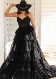 Natividad | A Line Tiered Ruffle Black Long Prom Dress - Black - PROMDRESS Club