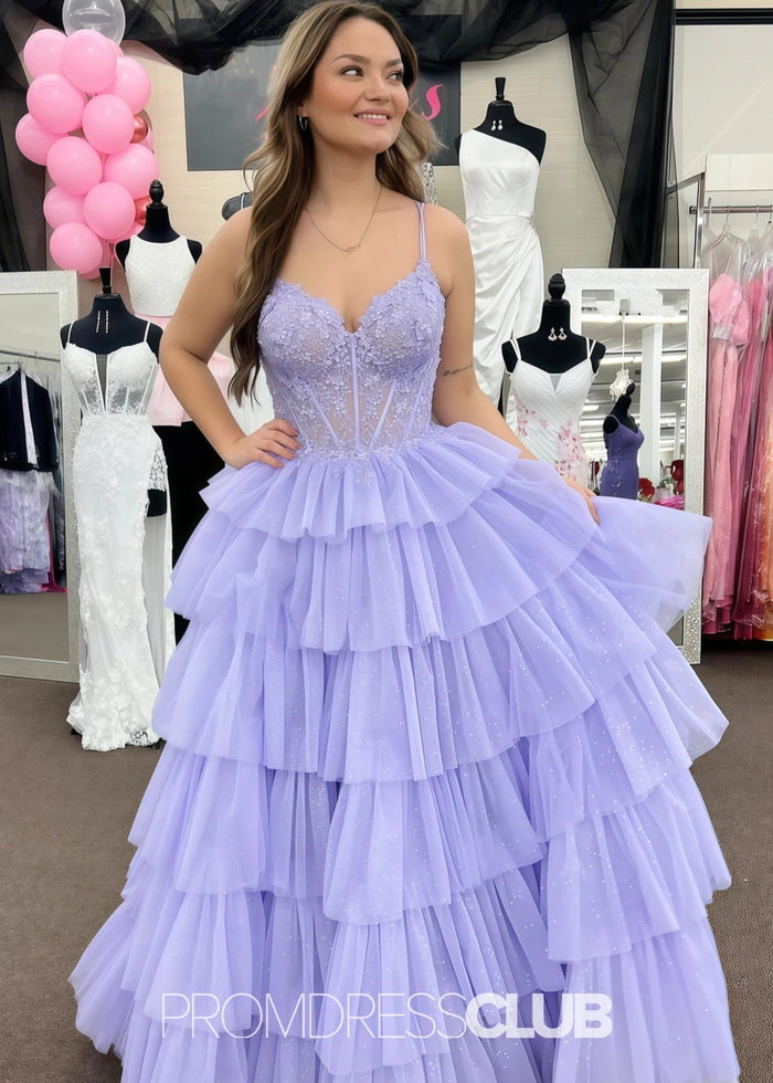 Natividad | A Line Tiered Ruffle Black Long Prom Dress - Price #price_variant_lowest# - Lavender - PromDressClub