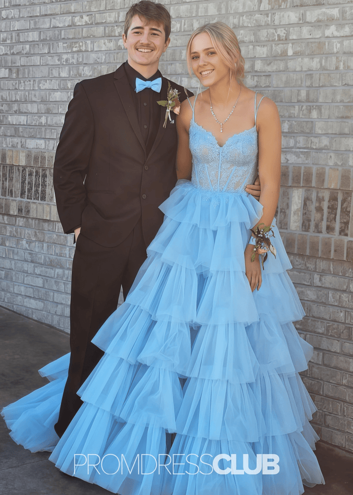 Natividad | A Line Tiered Ruffle Black Long Prom Dress - Price #price_variant_lowest# - Light Blue - PromDressClub