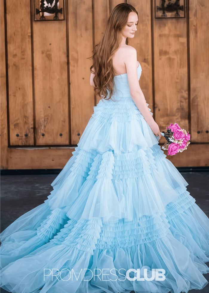 Nelly |A Line Tiered Tulle Champagne Maxi Prom Dress - Price #price_variant_lowest# - Light Blue - PromDressClub