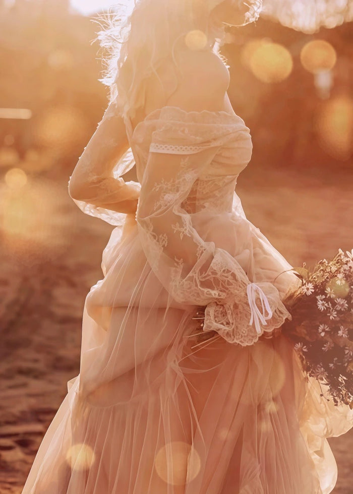 Nelly | Bohemian A Line Long Sleeve Lace and Tulle Wedding Dress - Perfect for Rustic Weddings - Ivory - PromDressClub