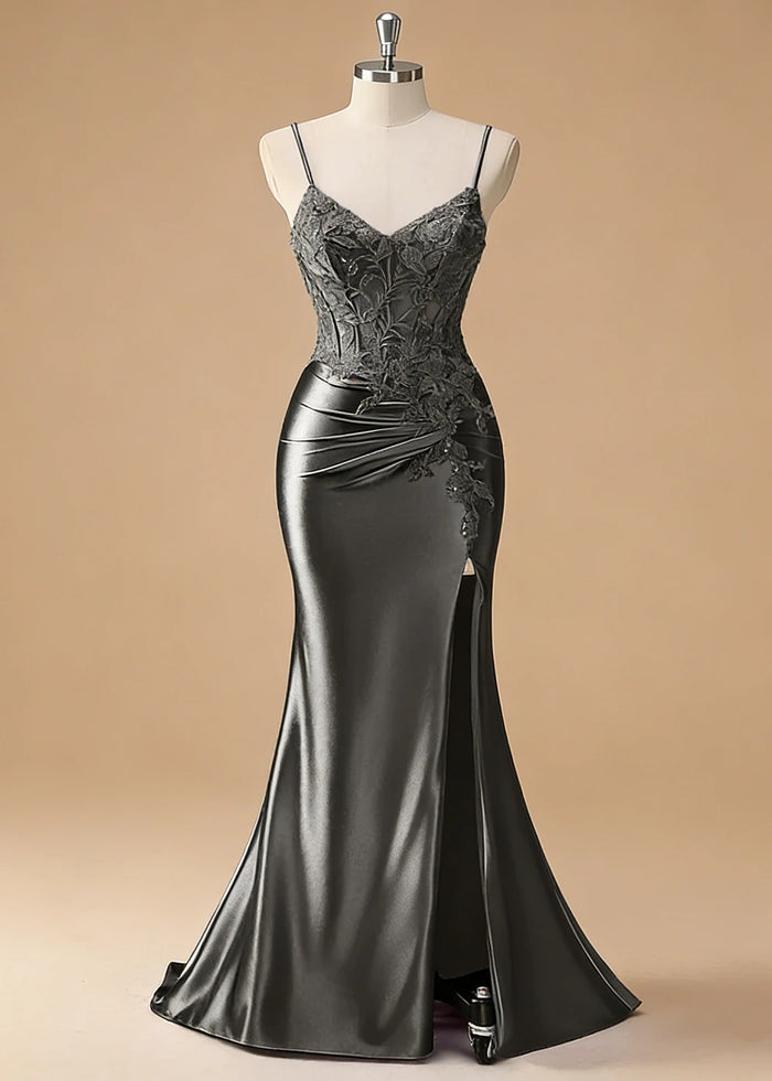 Niamh Beaded Black Lace Dress Prom | Mermaid Spaghetti Strap V - Neck Pleated Satin Formal Dress with Slit - Black - PromDressClub