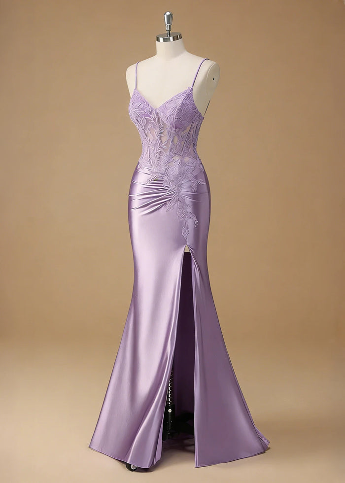Niamh Beaded Purple Lace Dress Prom | Mermaid Spaghetti Strap V - Neck Pleated Satin Formal Dress with Slit - Lilac - PromDressClub