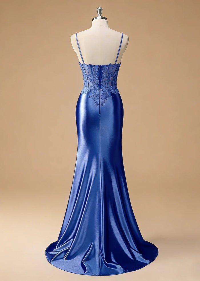 Niamh Beaded Royal Blue Lace Dress Prom | Mermaid Spaghetti Strap V - Neck Pleated Satin Formal Dress with Slit - Royal Blue - PromDressClub