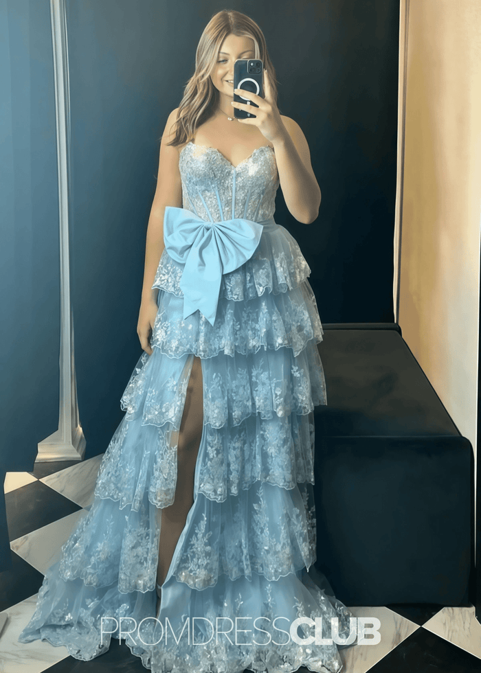 Nicola | A - Line Sequins Appliques Light Pink Long Prom Dress - Price #price_variant_lowest# - Light Blue - PromDressClub