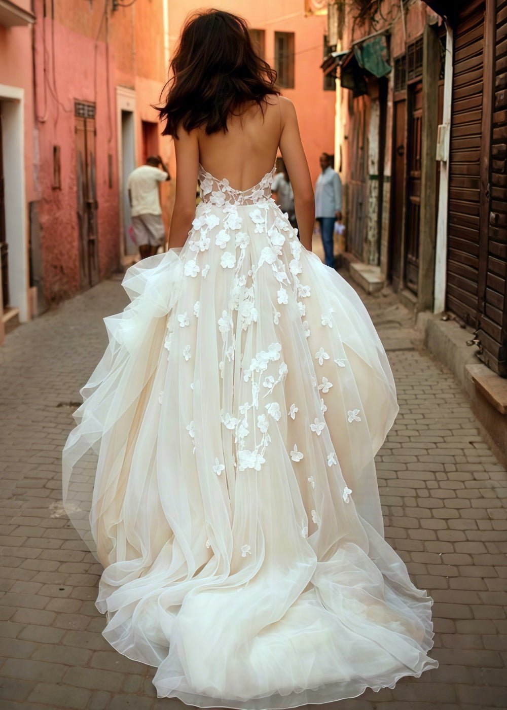 Nicola | Stunning Floral Embroidered Spaghetti Strap V Neck Tulle Wedding Dress with Long Train - Ivory - PromDressClub