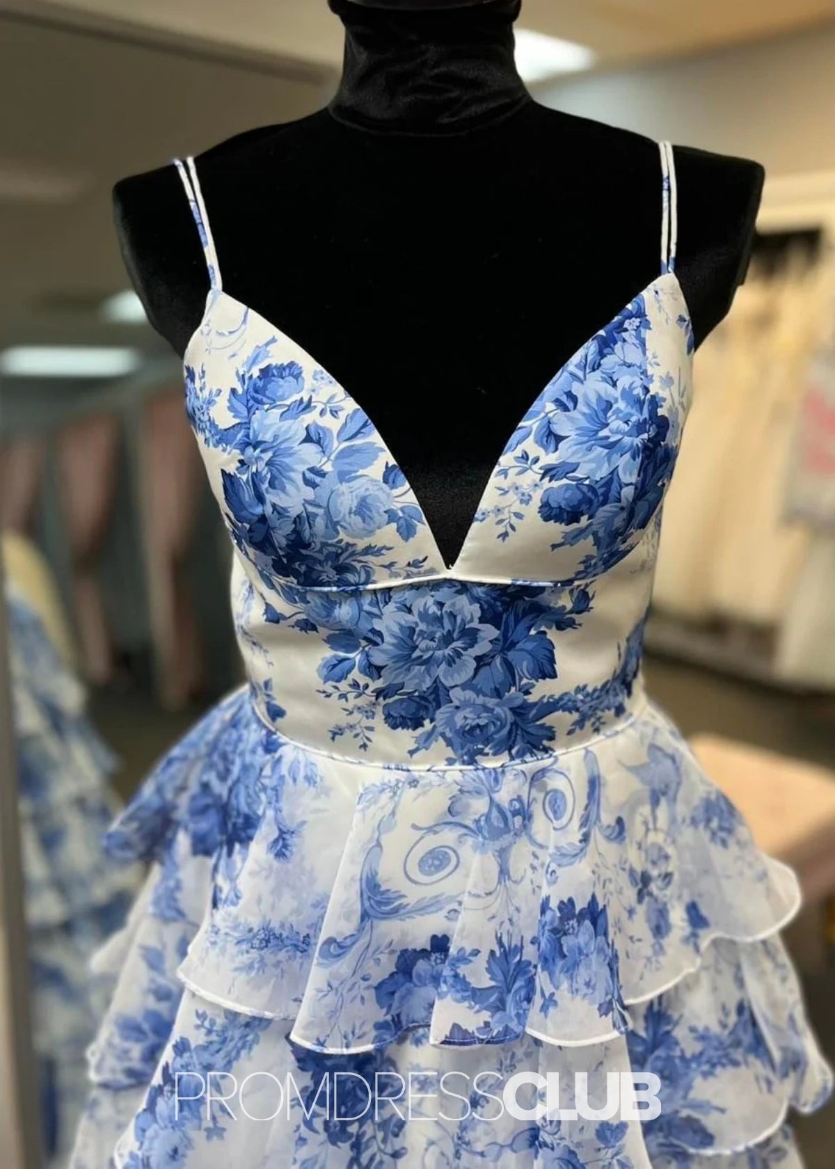 Nicole | A Line Ruffle Tiered Blue White Print Floral Long Prom Dress - Blue Floral - PROMDRESS Club