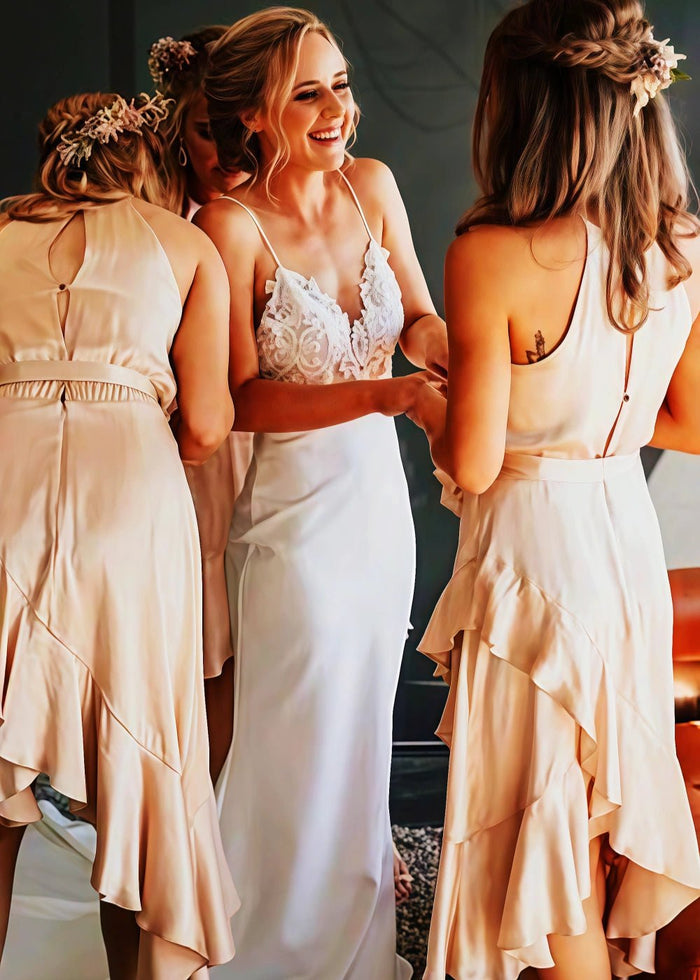 Nicole | Stunning Satin Mermaid Wedding Dress with Lace Detailing - Ivory - PromDressClub