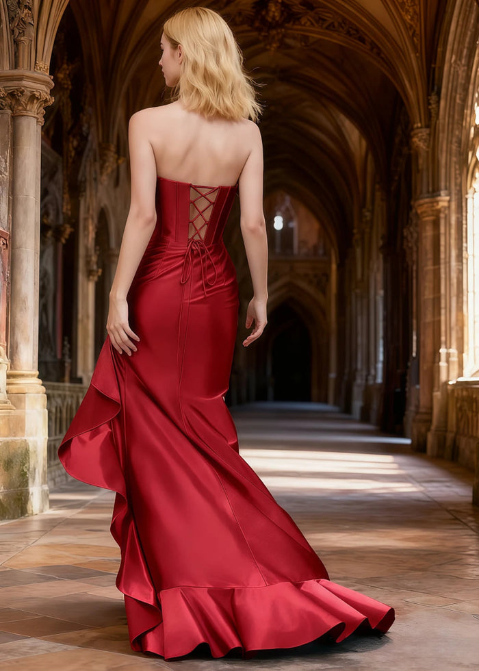 Nora Burgundy Strapless Corset Prom Dress | Mermaid Cowl Neck Floor Length Dress with Ruffled Slits - US0 - PromDressClub