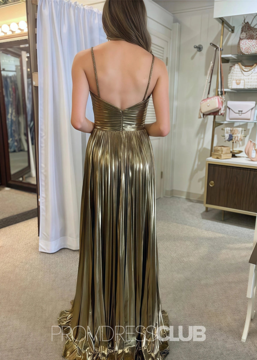 Nora |Long Gold Prom Dress Metallic With Spaghetti Strap Slit - Gold - PromDressClub