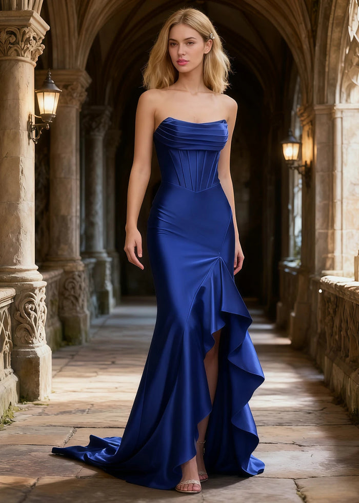 Nora Navy Blue Strapless Corset Prom Dress | Mermaid Cowl Neck Floor Length Dress with Ruffled Slits - US0 - PromDressClub