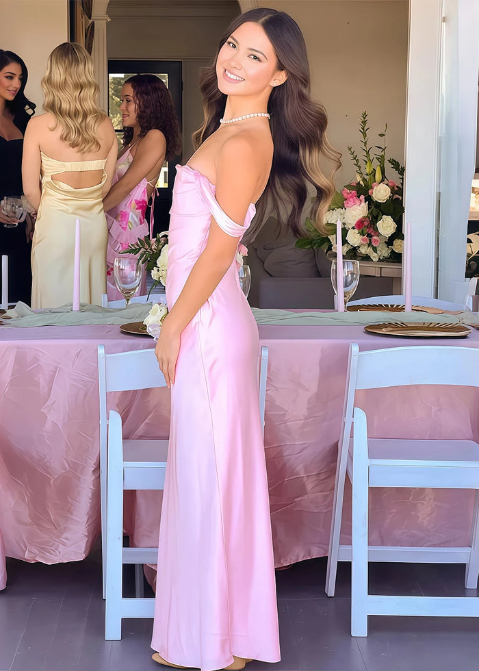 Nora Women's Light Pink Off the Shoulder Dress for Prom | Sheath Strapless Satin Floor Length Formal Dress - Light Pink - PromDressClub
