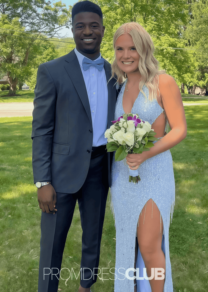 Norma | Mermaid Sequin Fringe Hot Pink Long Cocktail Dress - Price #price_variant_lowest# - Light Blue - PromDressClub