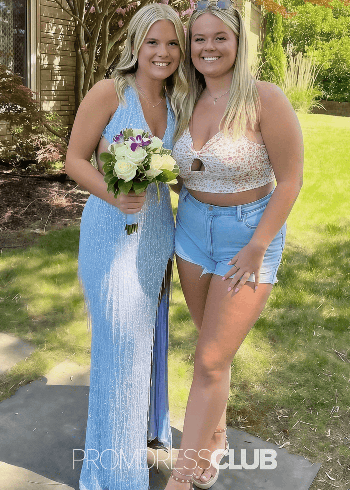 Norma | Mermaid Sequin Fringe Hot Pink Long Cocktail Dress - Price #price_variant_lowest# - Light Blue - PromDressClub