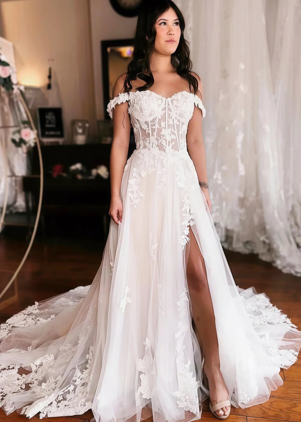 Norma | Off the Shoulder Sweetheart Neck Lace Appliques Wedding Dress with Slit - White - PromDressClub