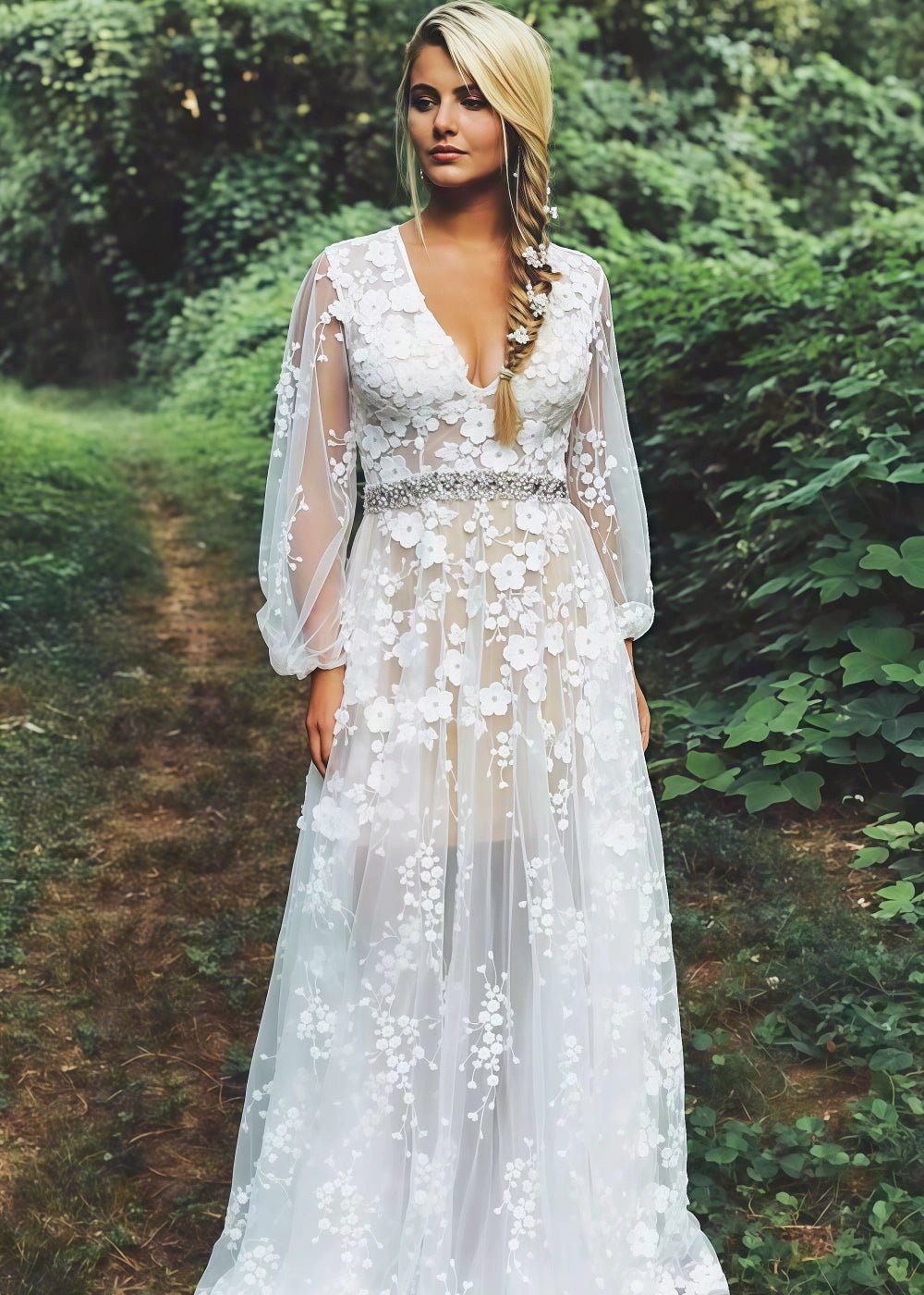 Novia | Ethereal Modest Floral Embroidered Long Puff Sleeve Wedding Dress - White - PromDressClub