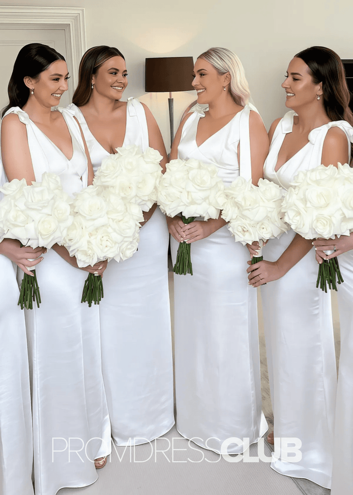 Octavia | Long Pink Bridesmaid Dress With Satin Boho Bow Mermaid Straps - Price #price_variant_lowest# - White - PromDressClub