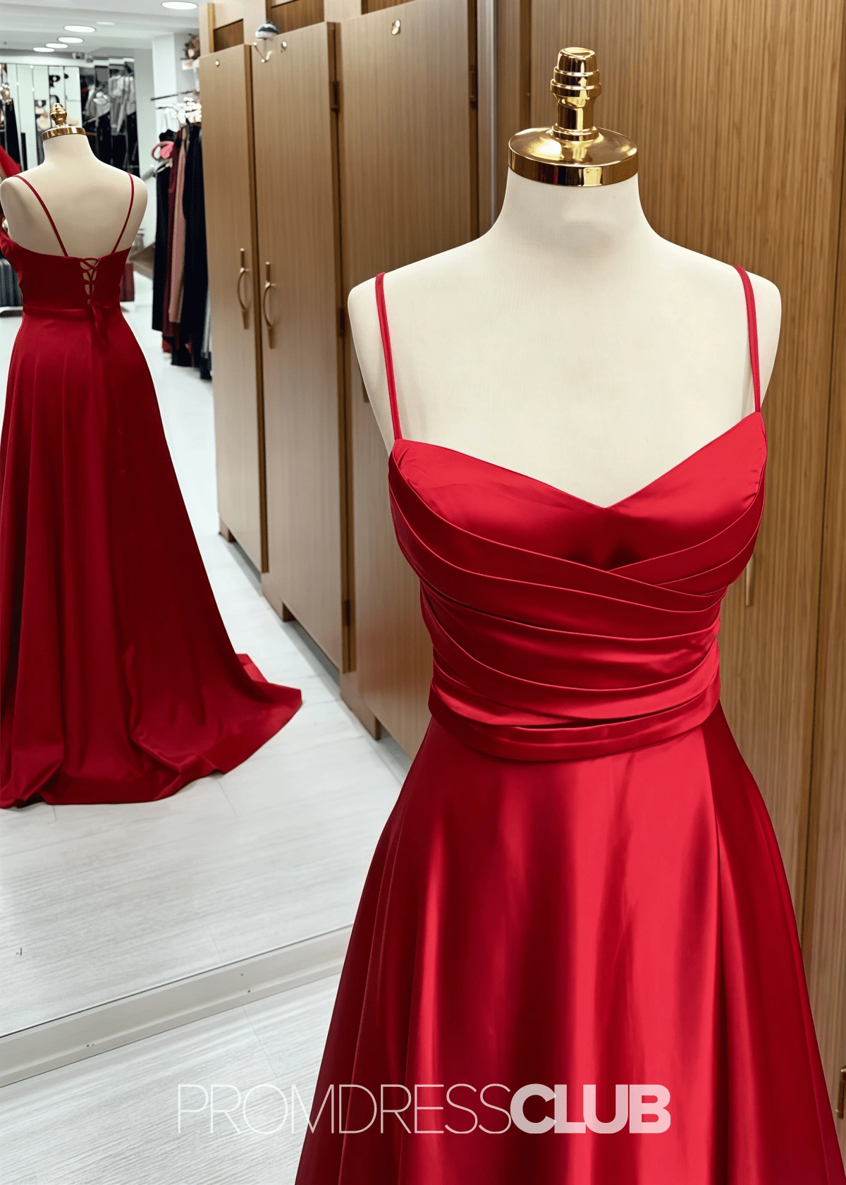 Odelia | A Line Chocolate Satin Long Bridesmaid Dress - Red - PROMDRESS Club